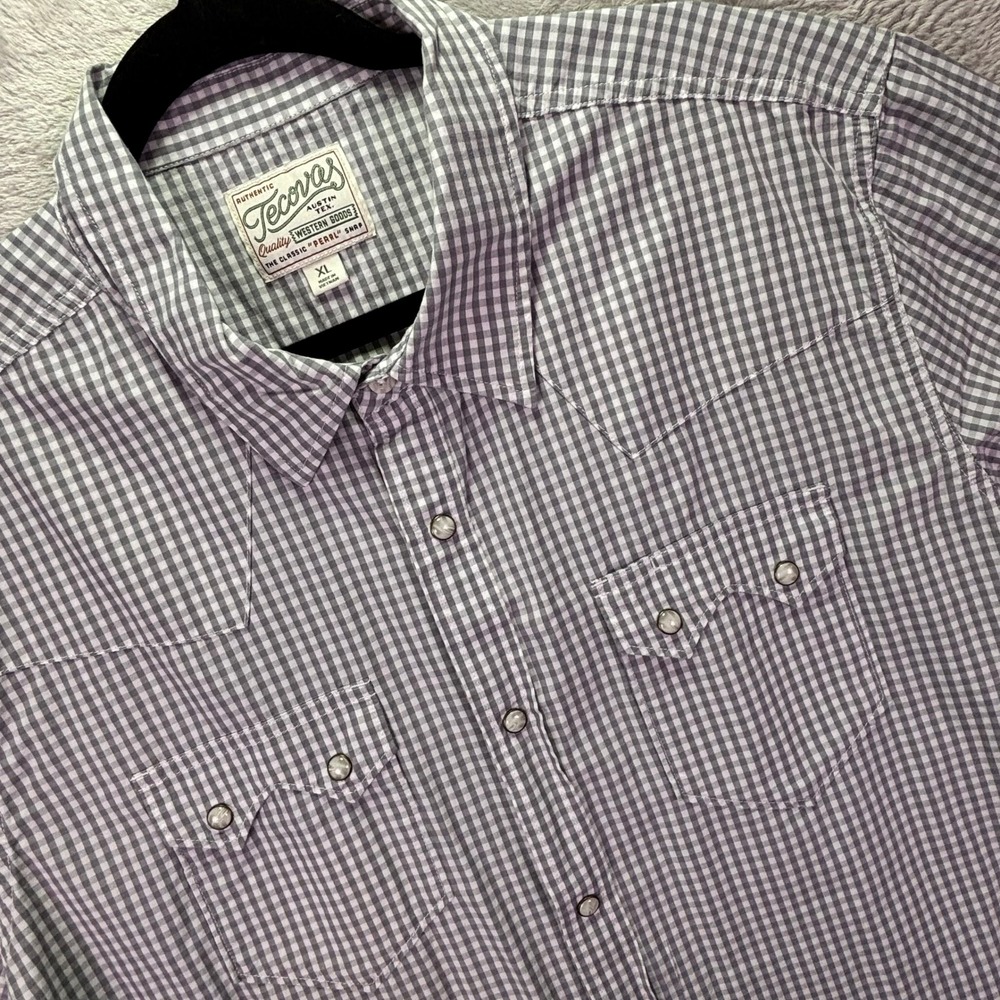 Tecovas Mens Western Shirt Size XL Gray Gingham Pearl Snap Sawtooth Pockets